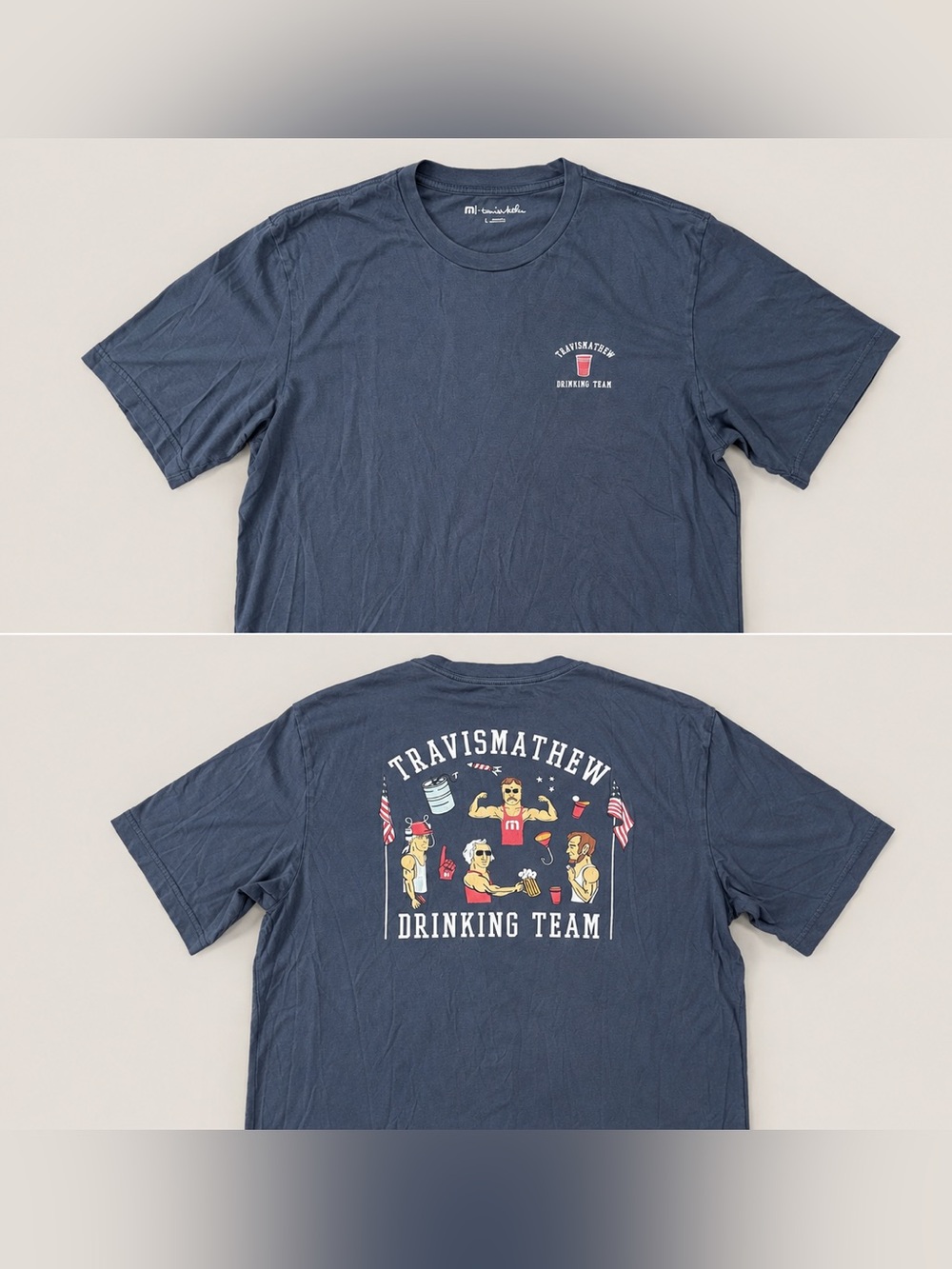 TravisMathew Men’s L Pima Cotton T-Shirt Drinking Team Graphic Navy Blue